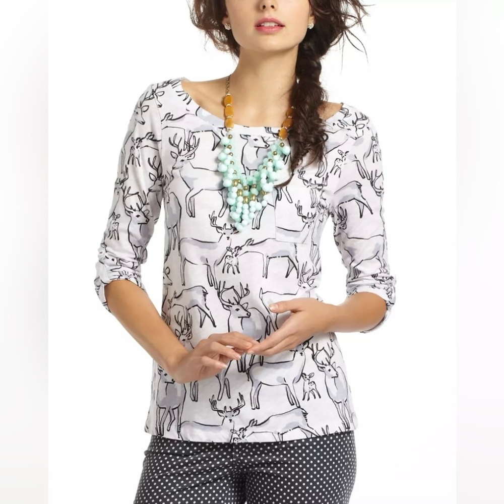 Anthropologie Deer Print Top with Adjustable Sleeves Size XS 100% Cotton